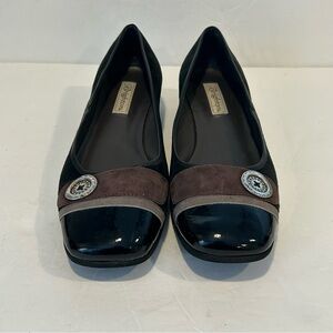 Brighton "Coco" Black and Brown Suede Loafer Shoes, Patent Leather Toe, Sz 10M
